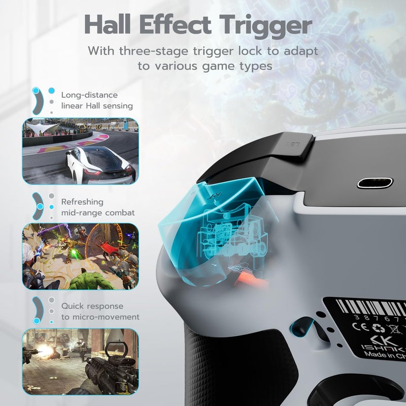 ISHAKO Wireless Gaming Controller with Hall Effect Joysticks&Triggers, 1200mAh Battery, 1000Hz Polling Rate, 4 Back Buttons, RGB Lighting – Works with PC Windows/Mac/Steam/Luna/Tesla/Switch- White - Image 5